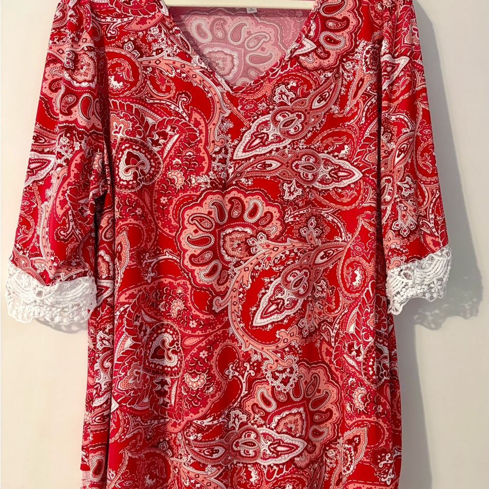 Stem Red Paisley Blouse with White Lace